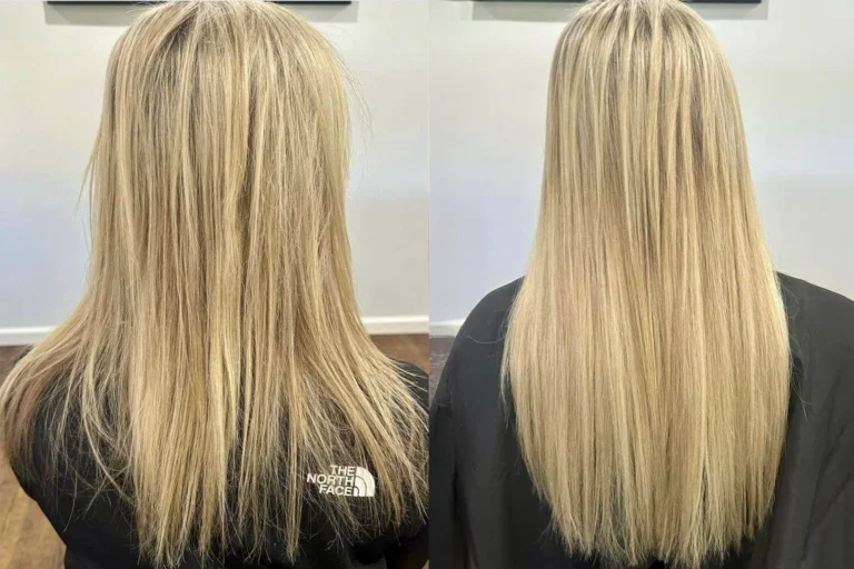 Before and after hair transformation showing fuller, longer blonde hair with extensions.