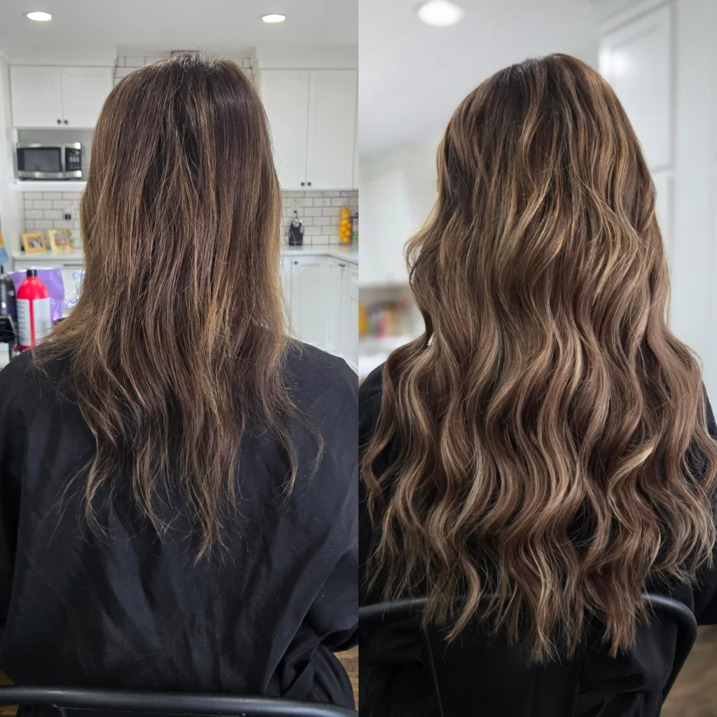 Medium brown highlights with custom hair extensions by Private Hair Extensions Specialist in Chester and Delaware County, PA, Corissa Benn