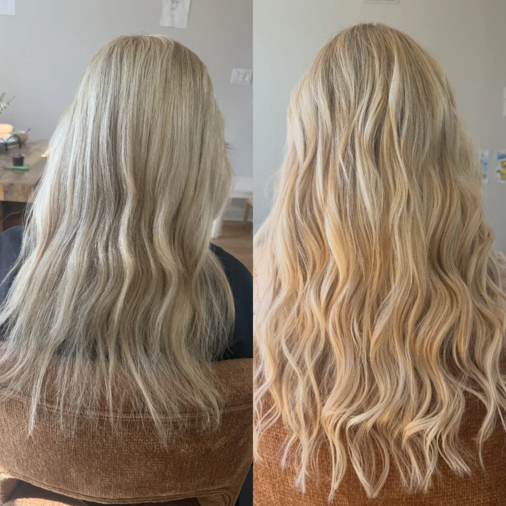 Light blonde highlights with custom hair extensions by Private Hair Extensions Specialist in Chester and Delaware County, PA, Corissa Benn