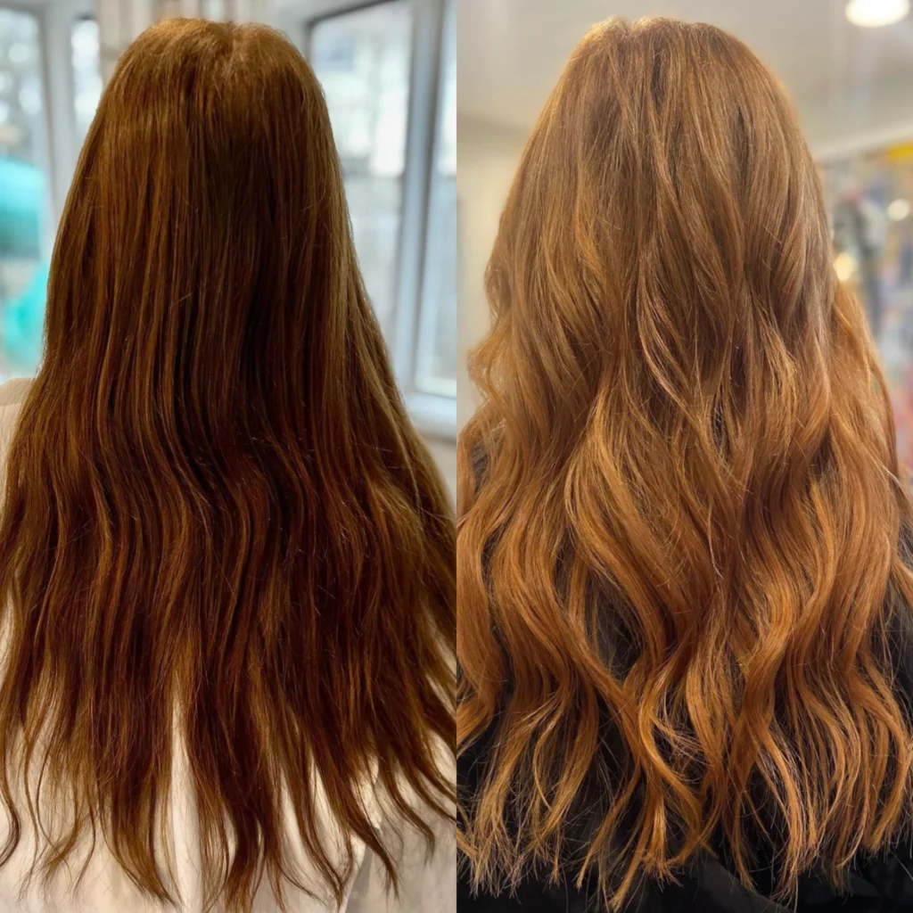 Red highlights with custom hair extensions by Private Hair Extensions Specialist in Chester and Delaware County, PA, Corissa Benn