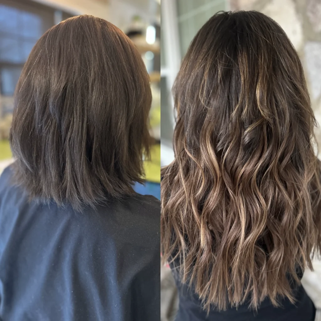 Brown highlights with custom hair extensions by Private Hair Extensions Specialist in Chester and Delaware County, PA, Corissa Benn