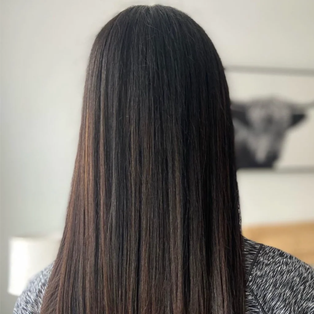 Keratin treatment in dark brown hair by Private Hair Extensions Specialist in Chester and Delaware County, PA, Corissa Benn