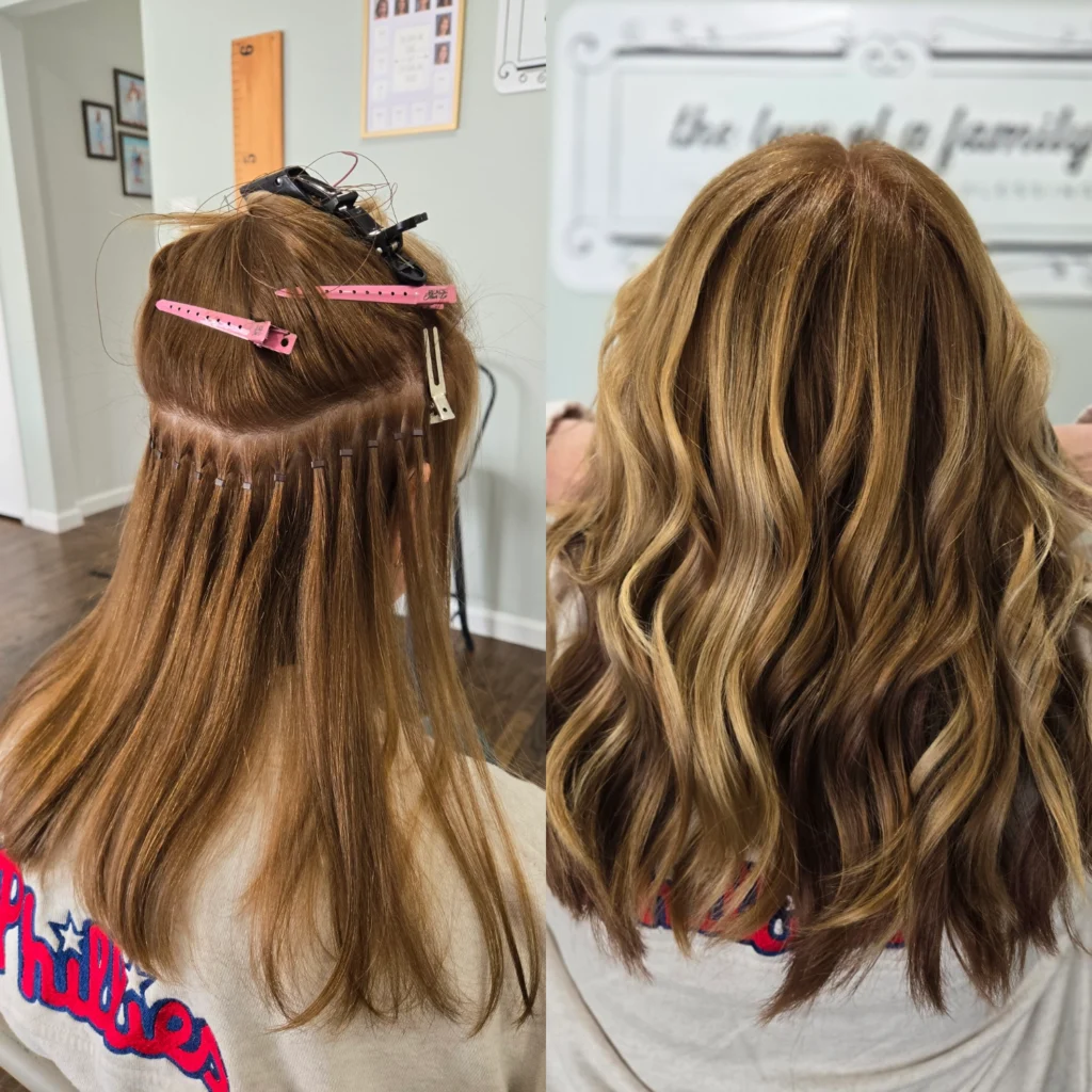 Blonde custom hair extensions by Private Hair Extensions Specialist in Montgomery County, Jenna Messerschmidt