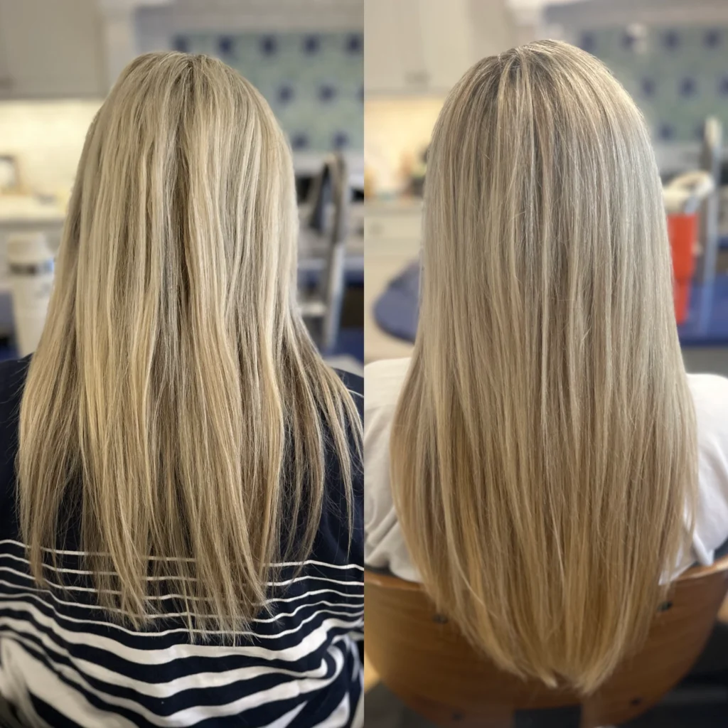 Light blonde custom hair extensions by Private Hair Extensions Specialist in Montgomery County, Jenna Messerschmidt