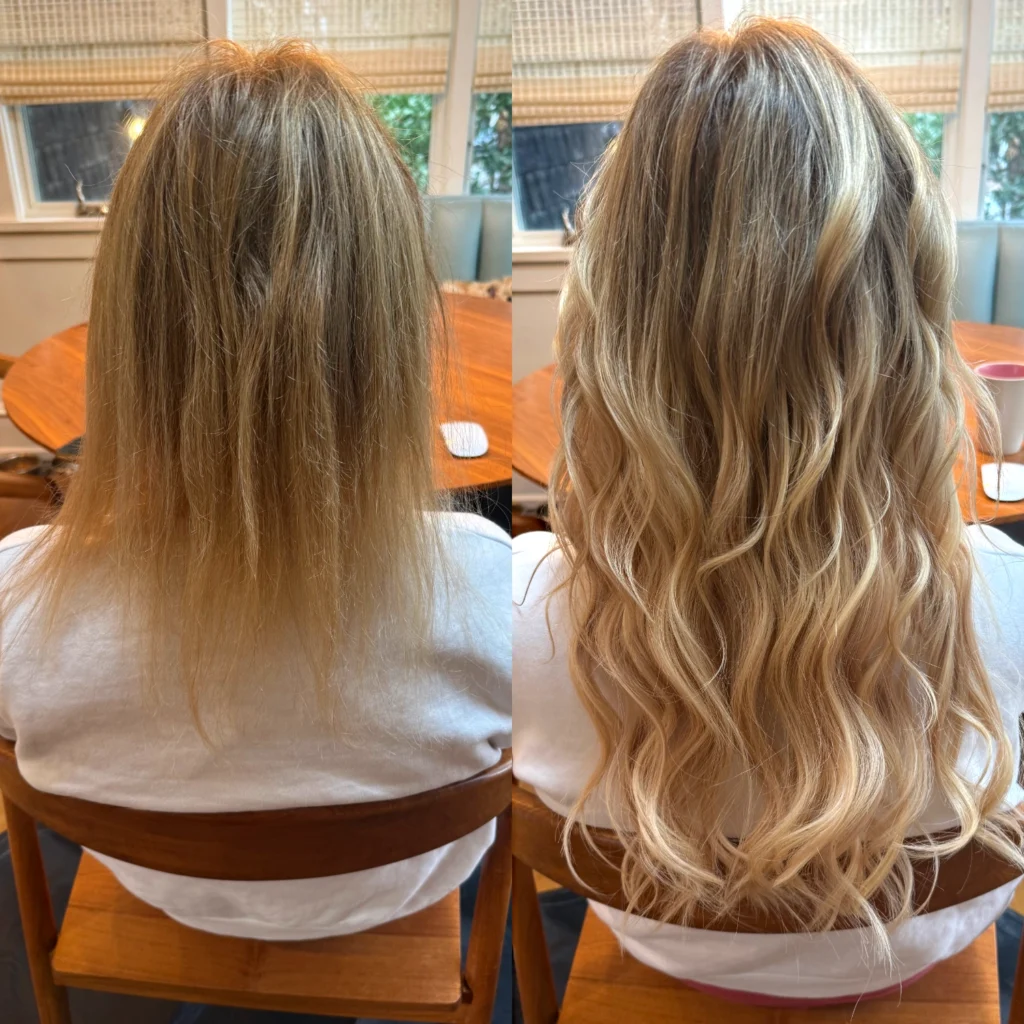 Blonde balayage custom hair extensions by Private Hair Extensions Specialist in Montgomery County, Jenna Messerschmidt