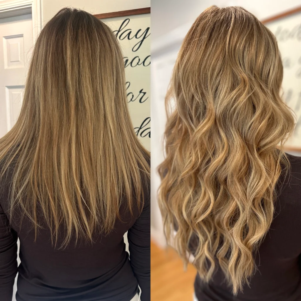 Blonde highlights custom hair extensions by Private Hair Extensions Specialist in Montgomery County, Jenna Messerschmidt