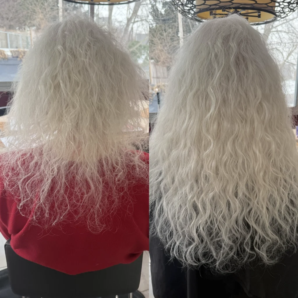 White and curly custom hair extensions by Private Hair Extensions Specialist in Montgomery County, Jenna Messerschmidt