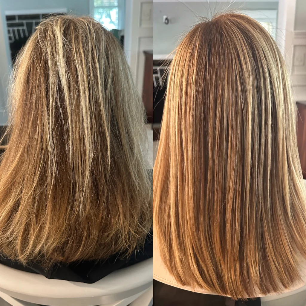 Keratin treatment in blonde hair by Private Keratin Specialist in Montgomery County, Jenna Messerschmidt
