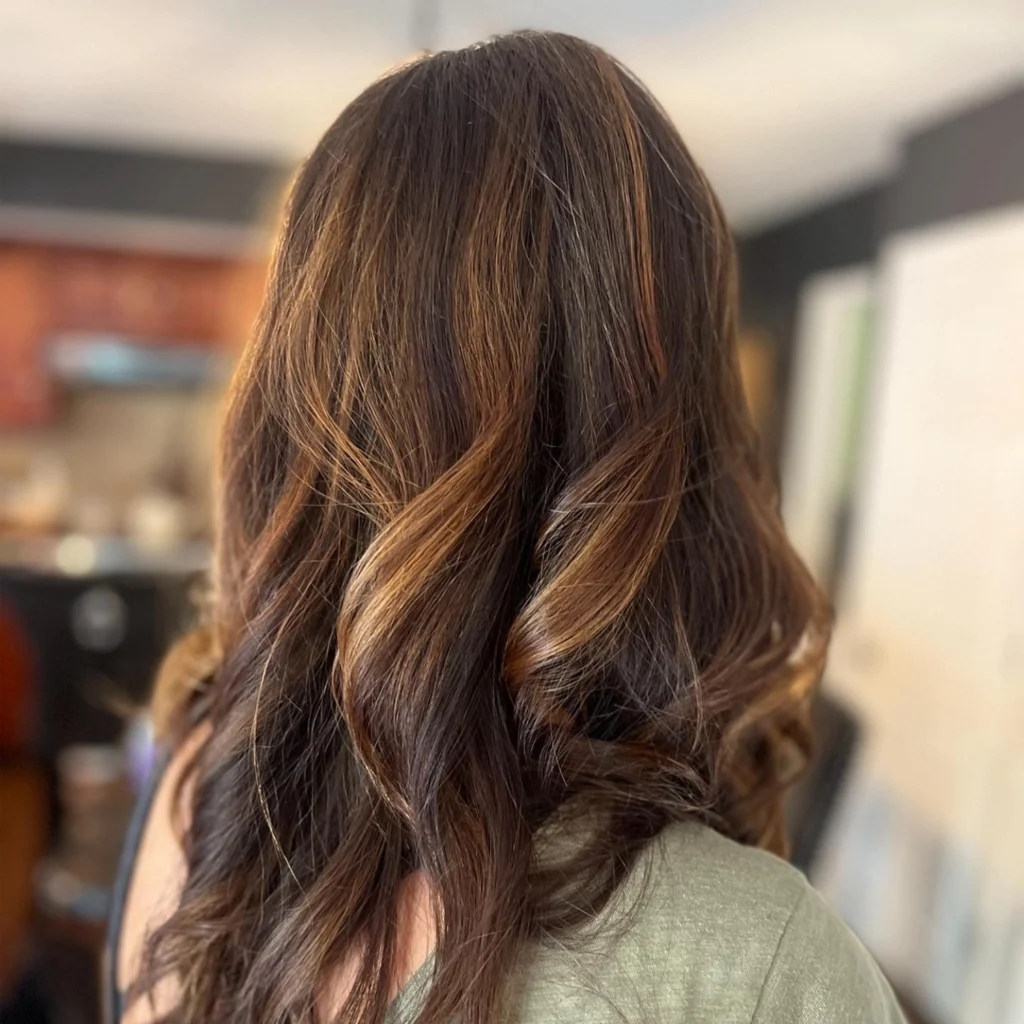 Dark brown espresso highlights by Master Hair Colorist in Montgomery County, Kristin Alessandrine
